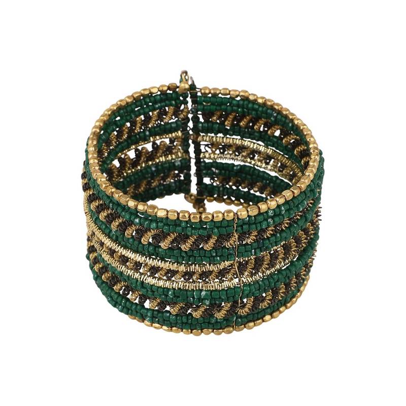 Contemporary Heavy Green Colored Beads Studded Choker Set with Slip-On Bracelet for Girls and Women.