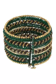 Contemporary Heavy Green Colored Beads Studded Choker Set with Slip-On Bracelet for Girls and Women.