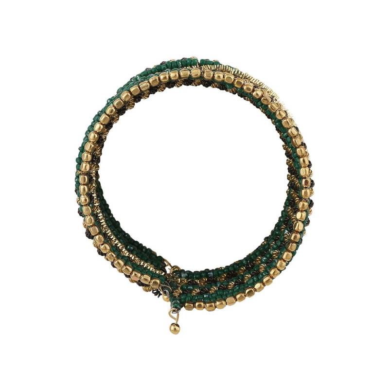 Contemporary Heavy Green Colored Beads Studded Choker Set with Slip-On Bracelet for Girls and Women.