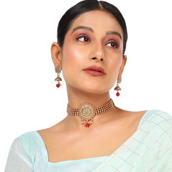 Ethnic Gold Plated Floral Intricate Design with Stone and Pearl Studded Choker Set with Earring for Girls and Women 1
