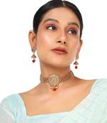 Ethnic Gold Plated Floral Intricate Design with Stone and Pearl Studded Choker Set with Earring for Girls and Women