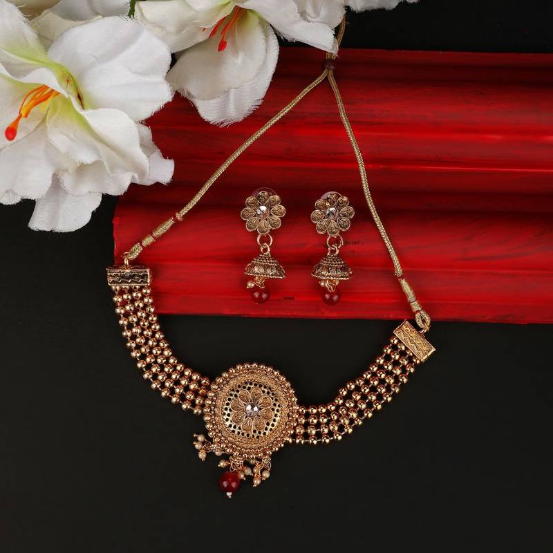 Ethnic Gold Plated Floral Intricate Design with Stone and Pearl Studded Choker Set with Earring for Girls and Women