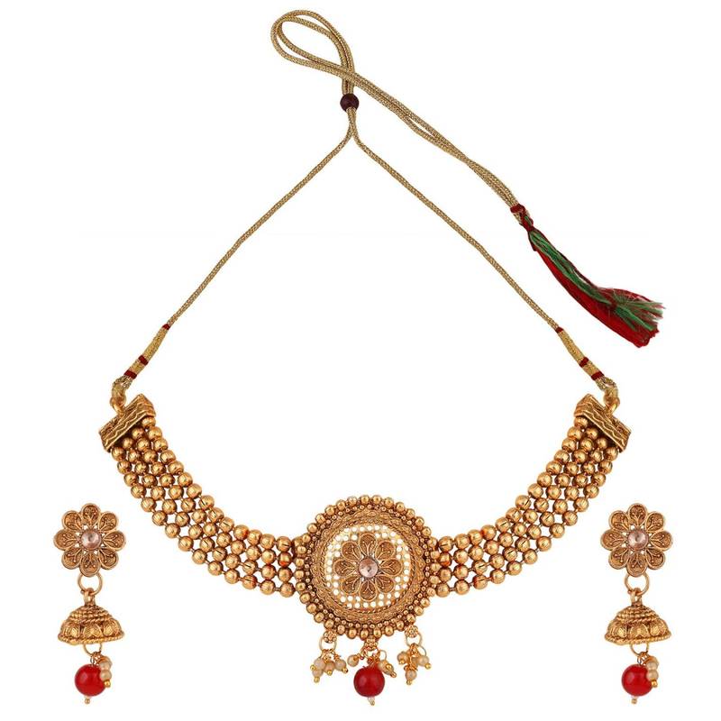 Ethnic Gold Plated Floral Intricate Design with Stone and Pearl Studded Choker Set with Earring for Girls and Women
