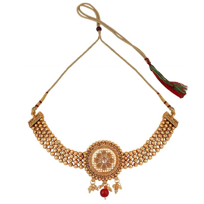 Ethnic Gold Plated Floral Intricate Design with Stone and Pearl Studded Choker Set with Earring for Girls and Women