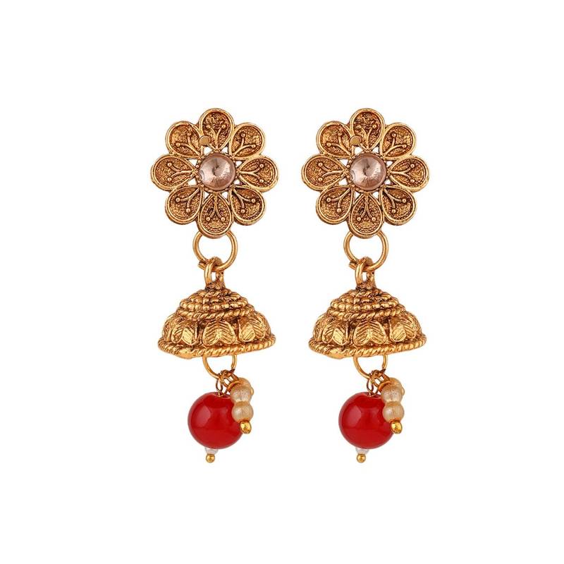 Ethnic Gold Plated Floral Intricate Design with Stone and Pearl Studded Choker Set with Earring for Girls and Women