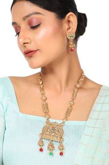 Traditional Gold Plated Intricate Design Long Necklace Set with Stone and Pearl Studded Necklace Set for Girls and Women