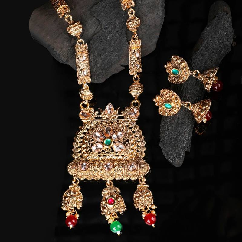 Traditional Gold Plated Intricate Design Long Necklace Set with Stone and Pearl Studded Necklace Set for Girls and Women
