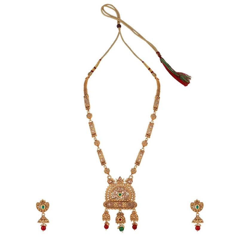 Traditional Gold Plated Intricate Design Long Necklace Set with Stone and Pearl Studded Necklace Set for Girls and Women