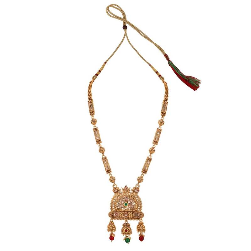 Traditional Gold Plated Intricate Design Long Necklace Set with Stone and Pearl Studded Necklace Set for Girls and Women