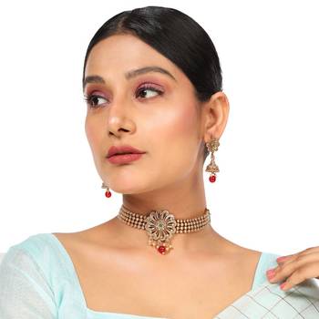 Statement Gold Plated Floral Design with Stone and Pearl Studded Choker Set with Earring for Girls and Women 1