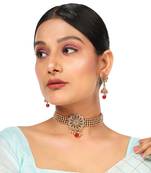 Statement Gold Plated Floral Design with Stone and Pearl Studded Choker Set with Earring for Girls and Women