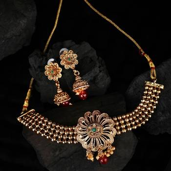 Statement Gold Plated Floral Design with Stone and Pearl Studded Choker Set with Earring for Girls and Women 2