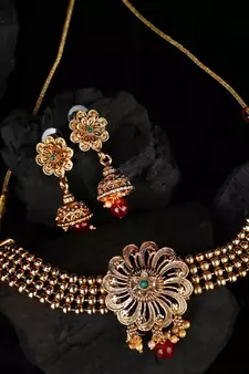 Statement Gold Plated Floral Design with Stone and Pearl Studded Choker Set with Earring for Girls and Women