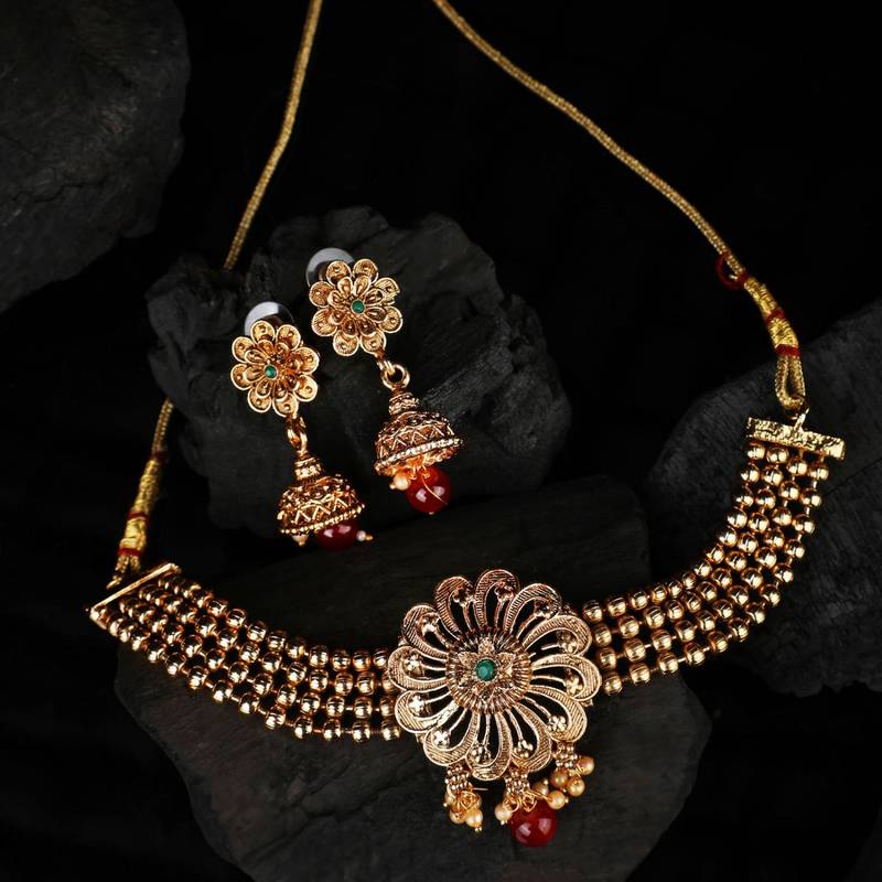 Statement Gold Plated Floral Design with Stone and Pearl Studded Choker Set with Earring for Girls and Women