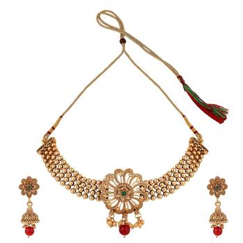 Statement Gold Plated Floral Design with Stone and Pearl Studded Choker Set with Earring for Girls and Women 3