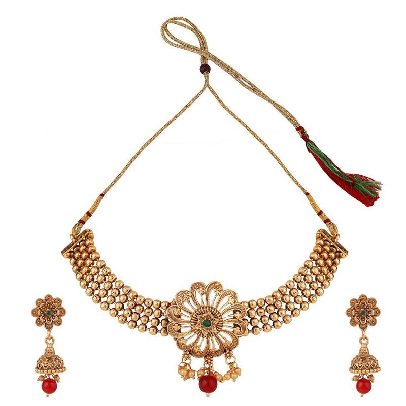 Statement Gold Plated Floral Design with Stone and Pearl Studded Choker Set with Earring for Girls and Women