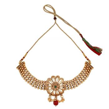 Statement Gold Plated Floral Design with Stone and Pearl Studded Choker Set with Earring for Girls and Women 4