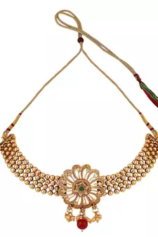 Statement Gold Plated Floral Design with Stone and Pearl Studded Choker Set with Earring for Girls and Women