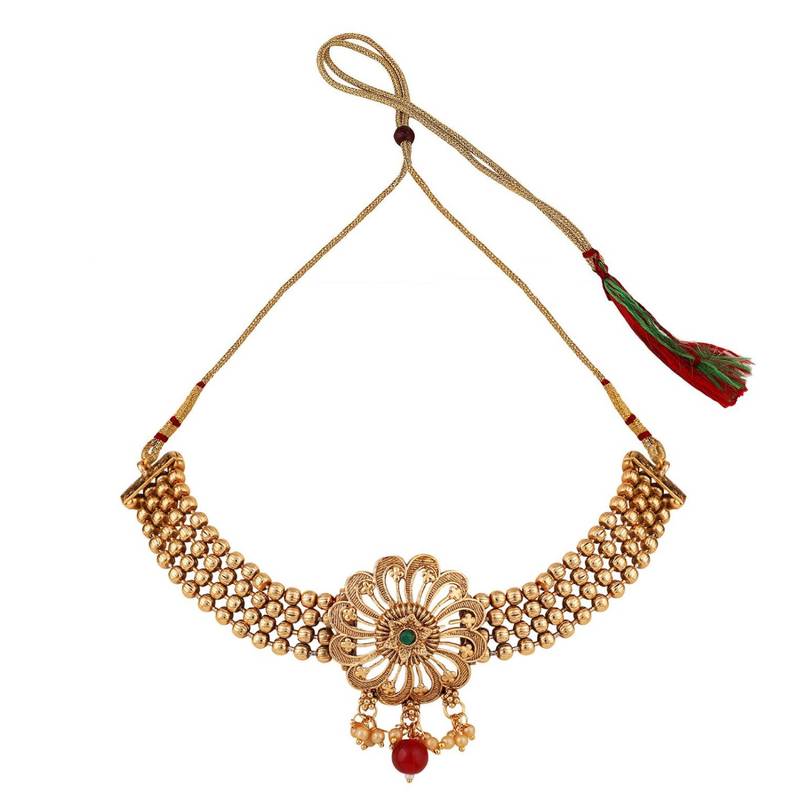 Statement Gold Plated Floral Design with Stone and Pearl Studded Choker Set with Earring for Girls and Women