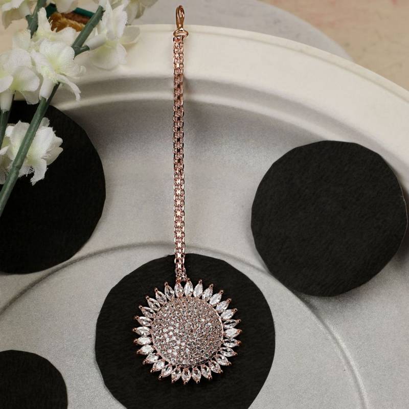Rose Gold Plated American Diamond Sun shaped Studded Statement Maang-tikka for Girls and Women