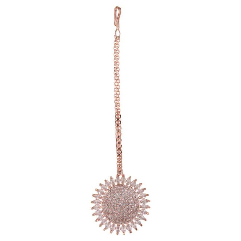 Rose Gold Plated American Diamond Sun shaped Studded Statement Maang-tikka for Girls and Women