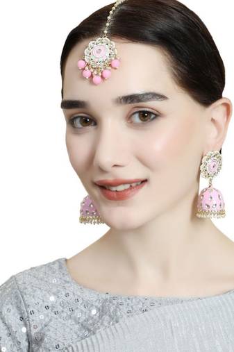 Statement Gold Plated Enameled Pink Color Kundan and Pearl Studded Maangtika and Jhumka Earring Set for Girls and Women