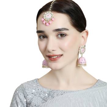 Statement Gold Plated Enameled Pink Color Kundan and Pearl Studded Maangtika and Jhumka Earring Set for Girls and Women 1