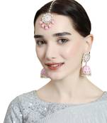 Statement Gold Plated Enameled Pink Color Kundan and Pearl Studded Maangtika and Jhumka Earring Set for Girls and Women