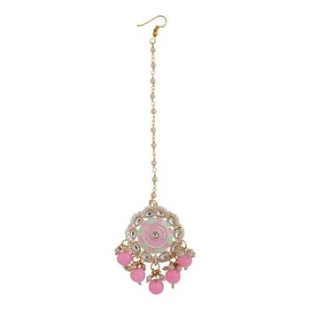 Statement Gold Plated Enameled Pink Color Kundan and Pearl Studded Maangtika and Jhumka Earring Set for Girls and Women 2