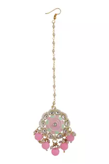 Statement Gold Plated Enameled Pink Color Kundan and Pearl Studded Maangtika and Jhumka Earring Set for Girls and Women