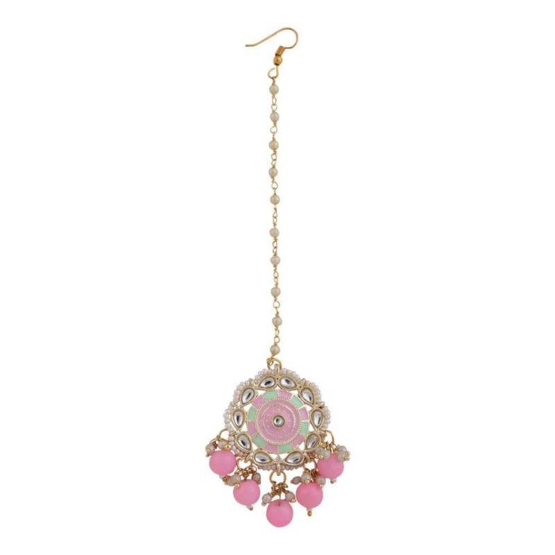 Statement Gold Plated Enameled Pink Color Kundan and Pearl Studded Maangtika and Jhumka Earring Set for Girls and Women