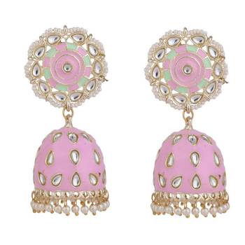 Statement Gold Plated Enameled Pink Color Kundan and Pearl Studded Maangtika and Jhumka Earring Set for Girls and Women 3