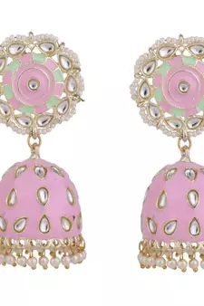 Statement Gold Plated Enameled Pink Color Kundan and Pearl Studded Maangtika and Jhumka Earring Set for Girls and Women
