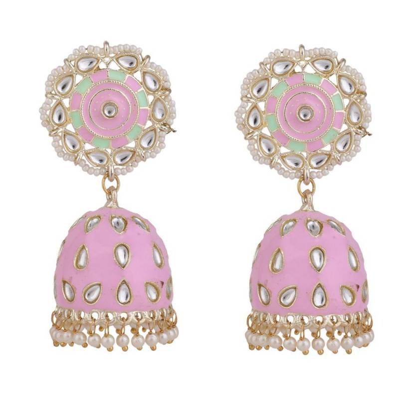 Statement Gold Plated Enameled Pink Color Kundan and Pearl Studded Maangtika and Jhumka Earring Set for Girls and Women
