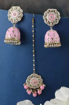 Statement Gold Plated Enameled Pink Color Kundan and Pearl Studded Maangtika and Jhumka Earring Set for Girls and Women