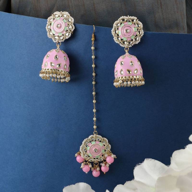 Statement Gold Plated Enameled Pink Color Kundan and Pearl Studded Maangtika and Jhumka Earring Set for Girls and Women