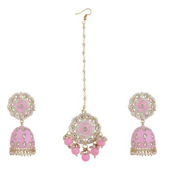 Statement Gold Plated Enameled Pink Color Kundan and Pearl Studded Maangtika and Jhumka Earring Set for Girls and Women 5