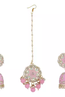 Statement Gold Plated Enameled Pink Color Kundan and Pearl Studded Maangtika and Jhumka Earring Set for Girls and Women