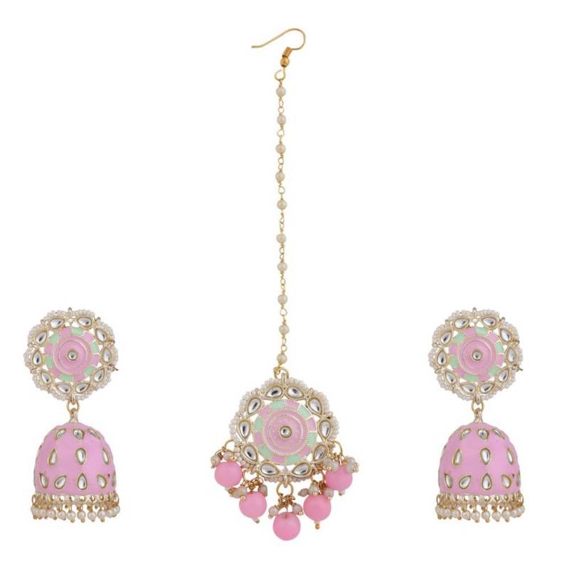 Statement Gold Plated Enameled Pink Color Kundan and Pearl Studded Maangtika and Jhumka Earring Set for Girls and Women