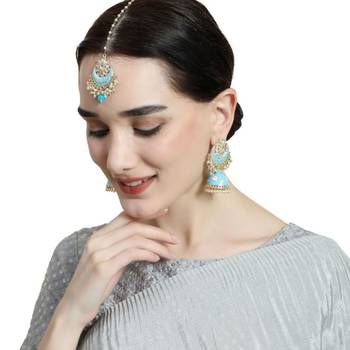 Enameled Pink Color Gold Plated Kundan and Pearl Studded Maangtika and Jhumka Earring for Girls and Women 1