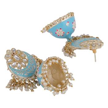 Enameled Pink Color Gold Plated Kundan and Pearl Studded Maangtika and Jhumka Earring for Girls and Women 2