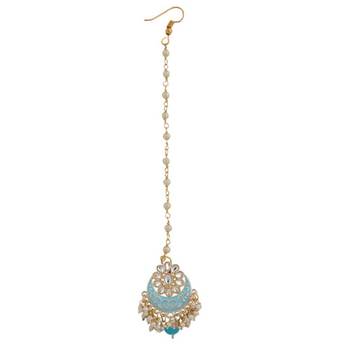 Enameled Pink Color Gold Plated Kundan and Pearl Studded Maangtika and Jhumka Earring for Girls and Women 3