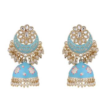 Enameled Pink Color Gold Plated Kundan and Pearl Studded Maangtika and Jhumka Earring for Girls and Women 4