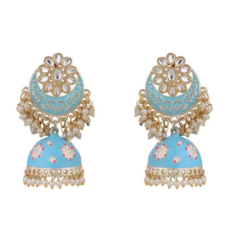 Enameled Pink Color Gold Plated Kundan and Pearl Studded Maangtika and Jhumka Earring for Girls and Women