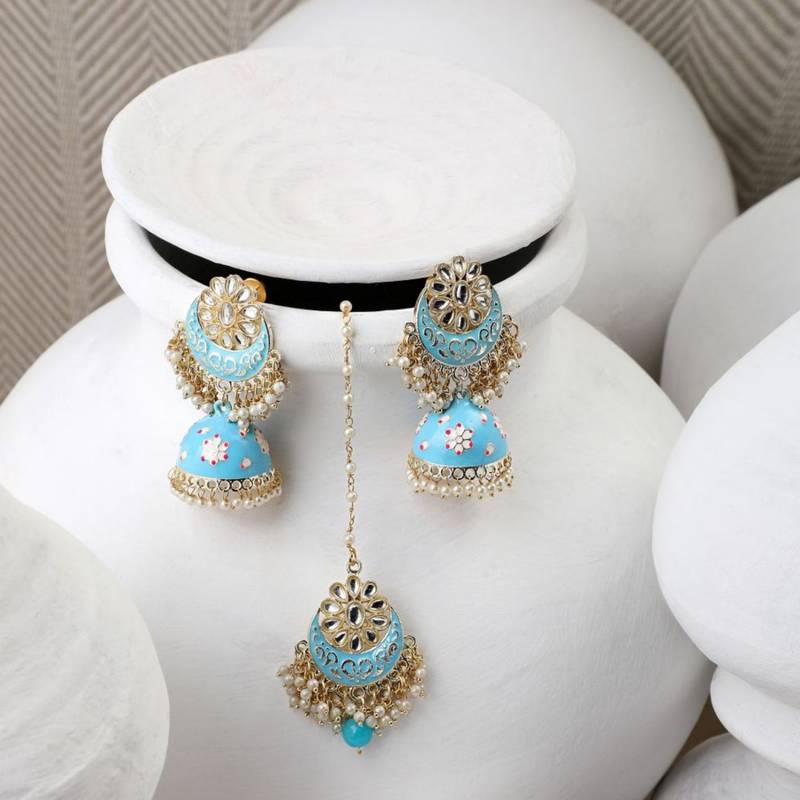 Enameled Pink Color Gold Plated Kundan and Pearl Studded Maangtika and Jhumka Earring for Girls and Women