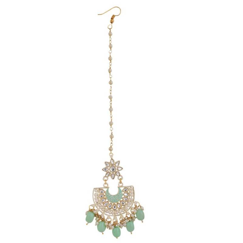 Gold Plated Kundan and Pearl Studded Chandbali Maang-tikka and Earring for Girls and Women