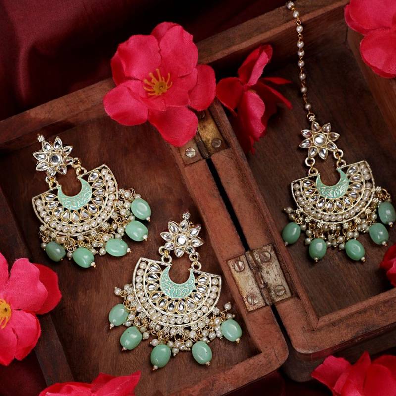 Gold Plated Kundan and Pearl Studded Chandbali Maang-tikka and Earring for Girls and Women