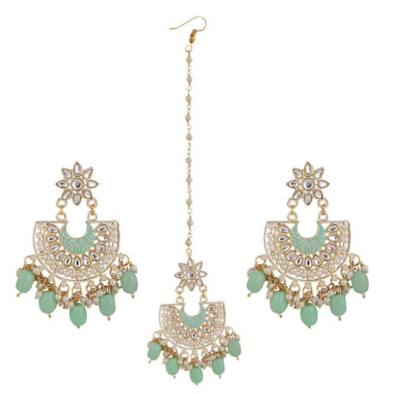 Gold Plated Kundan and Pearl Studded Chandbali Maang-tikka and Earring for Girls and Women