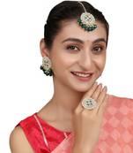 Gold Plated Round shape Kundan and Pearl Studded Maang-tikka,Earrings and Ring for Girls and Women