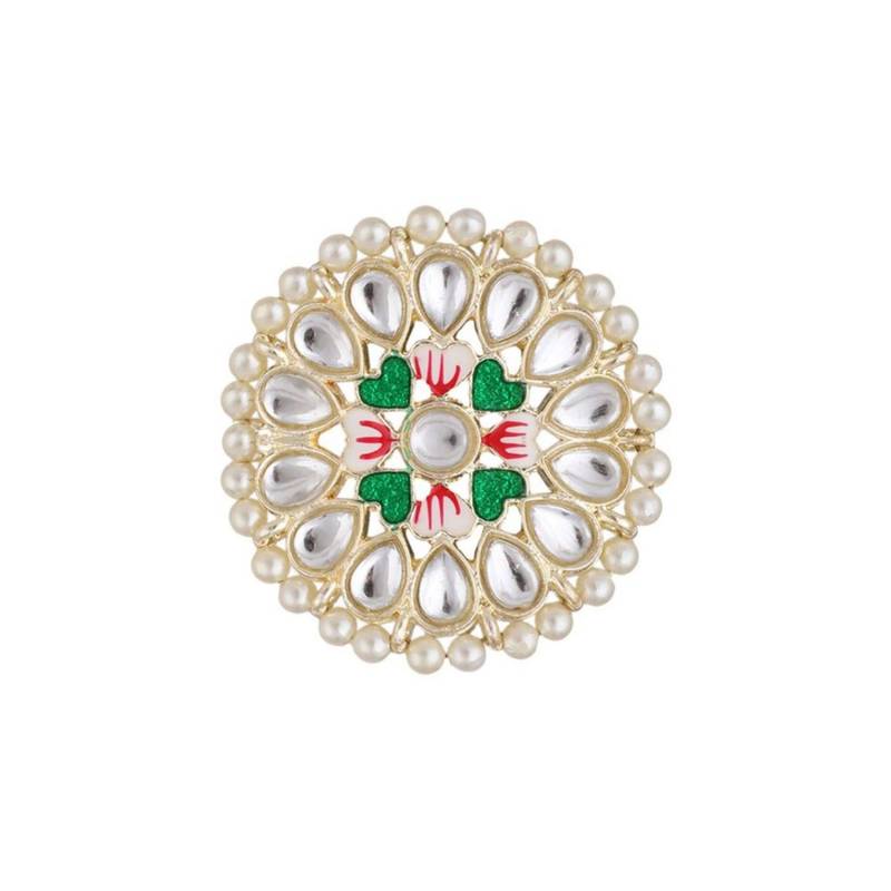 Gold Plated Round shape Kundan and Pearl Studded Maang-tikka,Earrings and Ring for Girls and Women